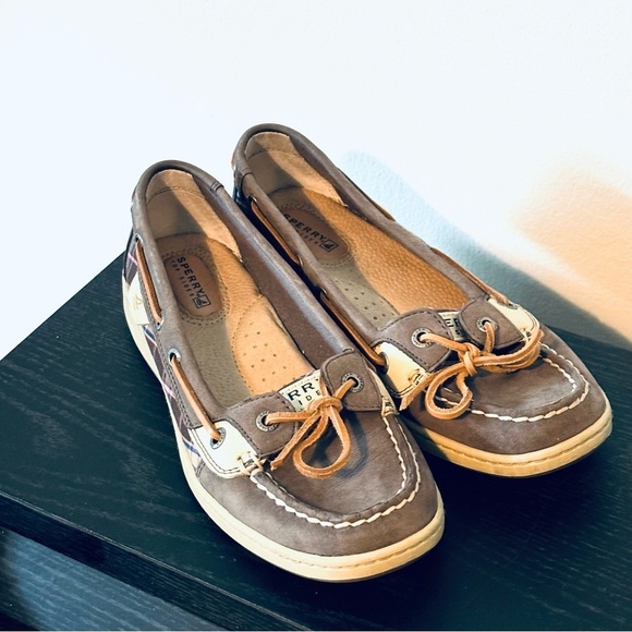 Sperry Top Sider Boat Shoes Slip On Brown Leather Loafer Classic Plaid - Picture 2 of 3